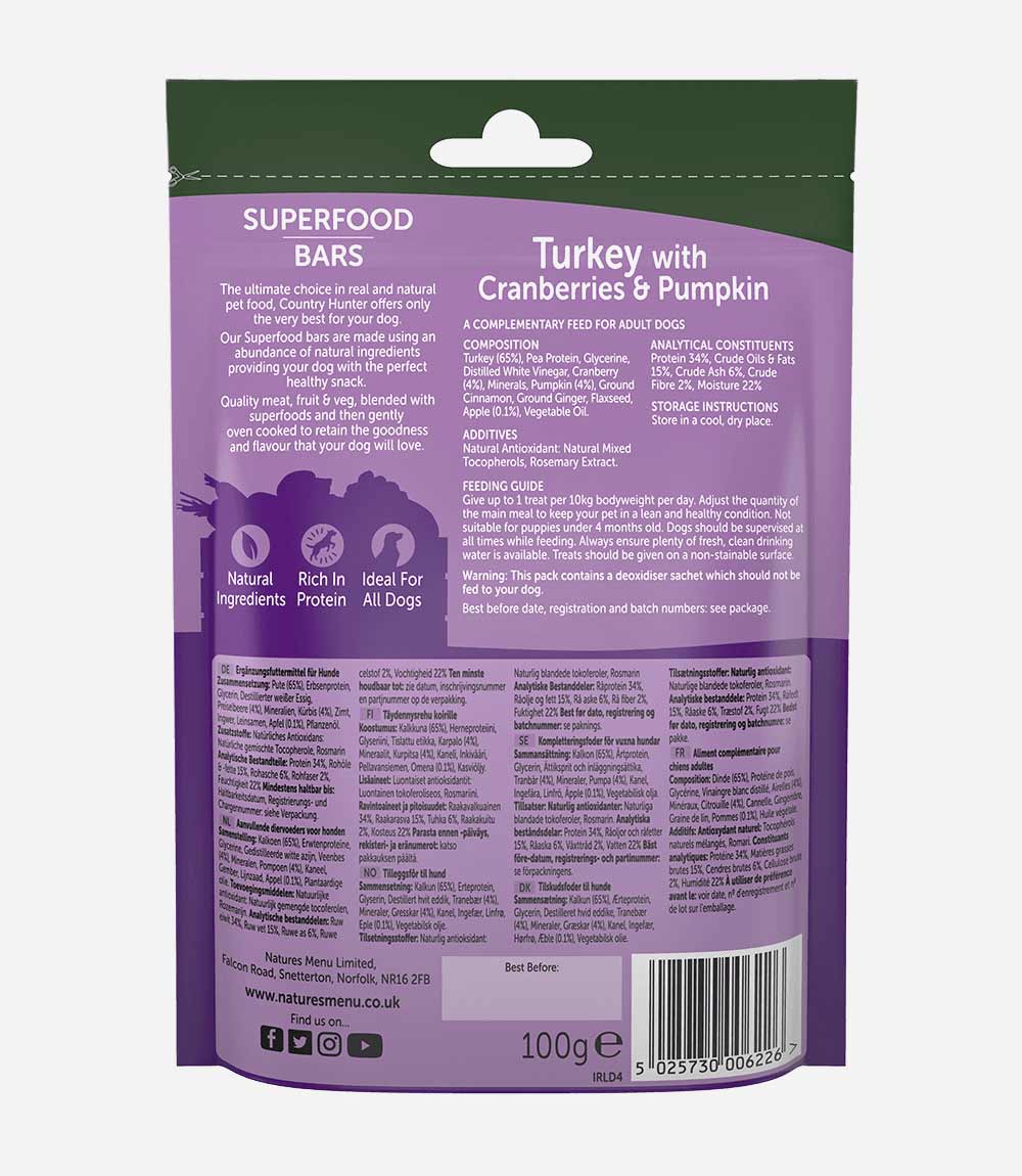 Country Hunter Superfood Bar Turkey with Cranberries & Pumpkin Dog Treats - 100g - Nest Pets