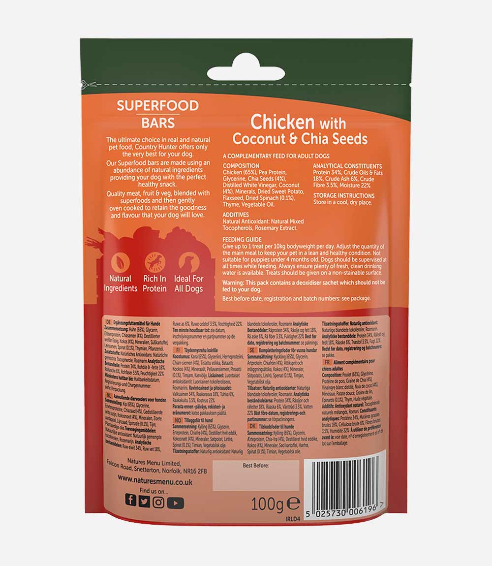 Country Hunter Superfood Bar Chicken with Coconut & Chia Seeds Dog Treats - 100g - Nest Pets
