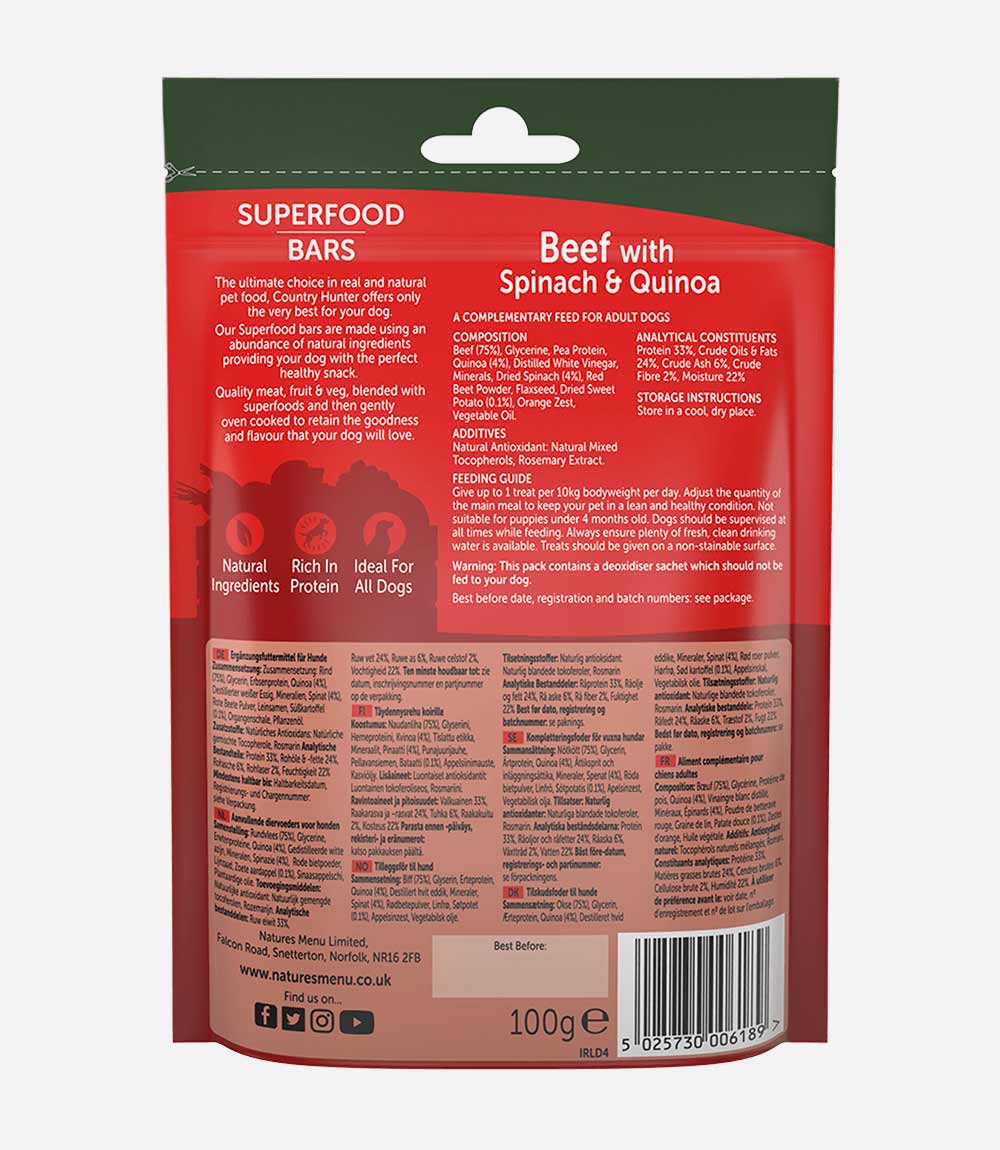 Country Hunter Superfood Bar Beef with Spinach & Quinoa Dog Treats - 100g - Nest Pets