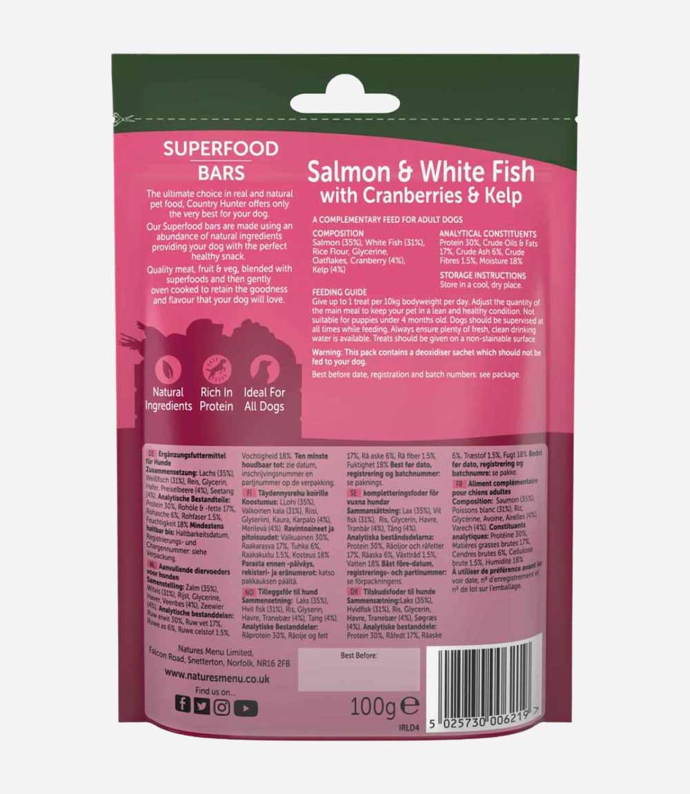 Country Hunter Superfood Bar Salmon & White Fish with Cranberries & Kelp Dog Treats - 100g - Nest Pets